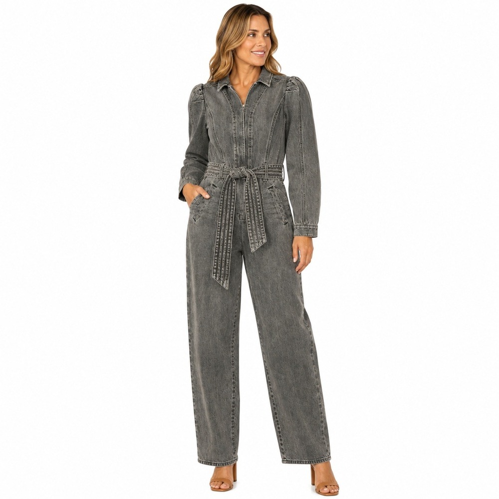 Express Jumpsuit Women 6 Grey Denim Puff Sleeve Tie Waist Utility Boiler Suit